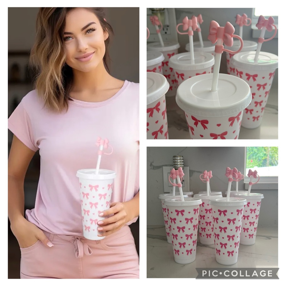 (NEW) 7 Pcs 24oz Pink Bow Plastic Tumbler with Lids, Straws and Straw Covers.